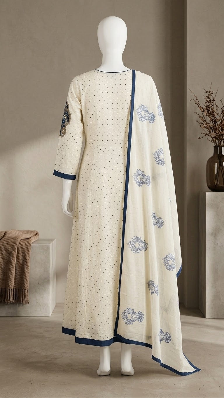 Chic Ivory & Blue Printed 2-Piece Kurti & Dupatta Set