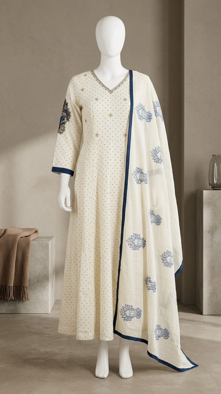 Chic Ivory & Blue Printed 2-Piece Kurti & Dupatta Set