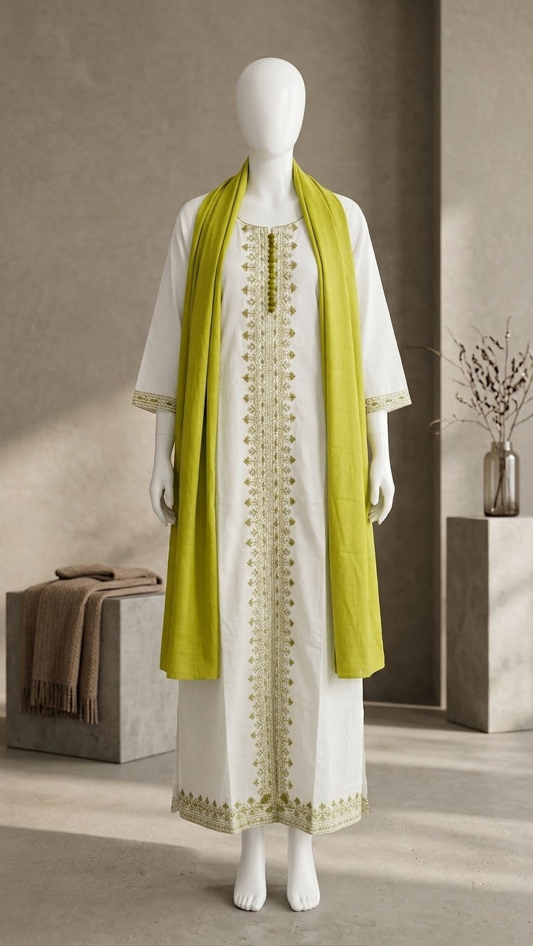 Ivory and Olive Green 2-Piece Kurti & Dupatta Set
