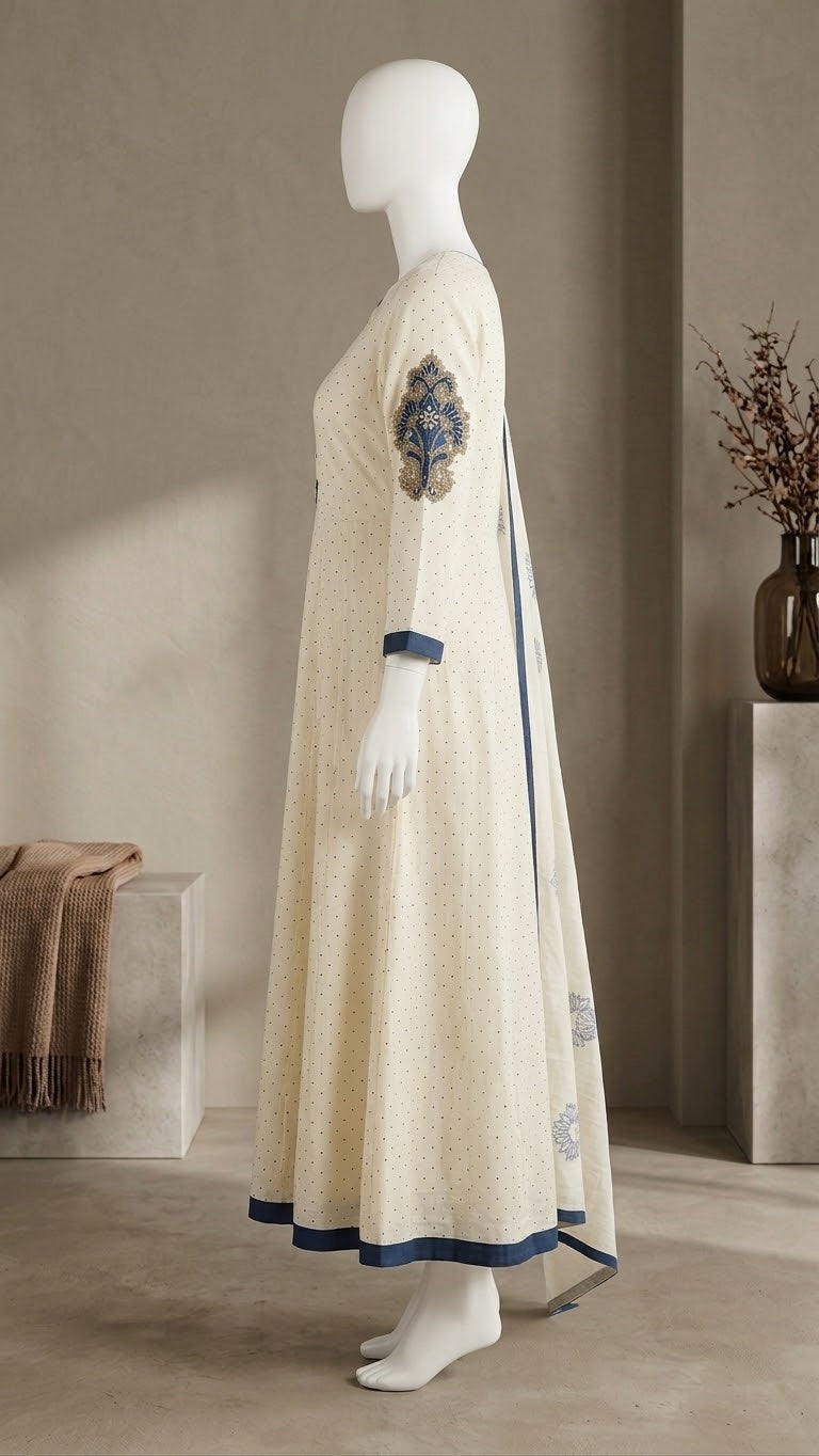 Chic Ivory & Blue Printed 2-Piece Kurti & Dupatta Set