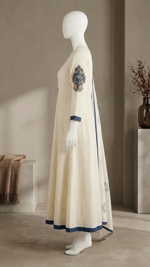 Chic Ivory & Blue Printed 2-Piece Kurti & Dupatta Set