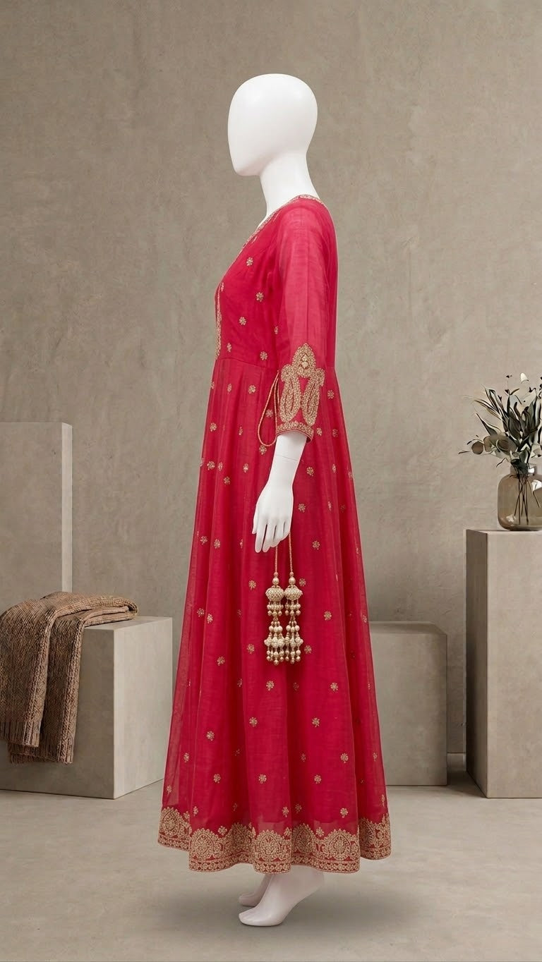 Radiant Red Embroidered Tiered Long Kurti / Dress