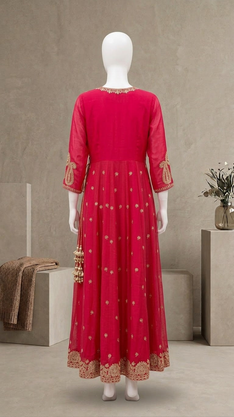 Radiant Red Embroidered Tiered Long Kurti / Dress