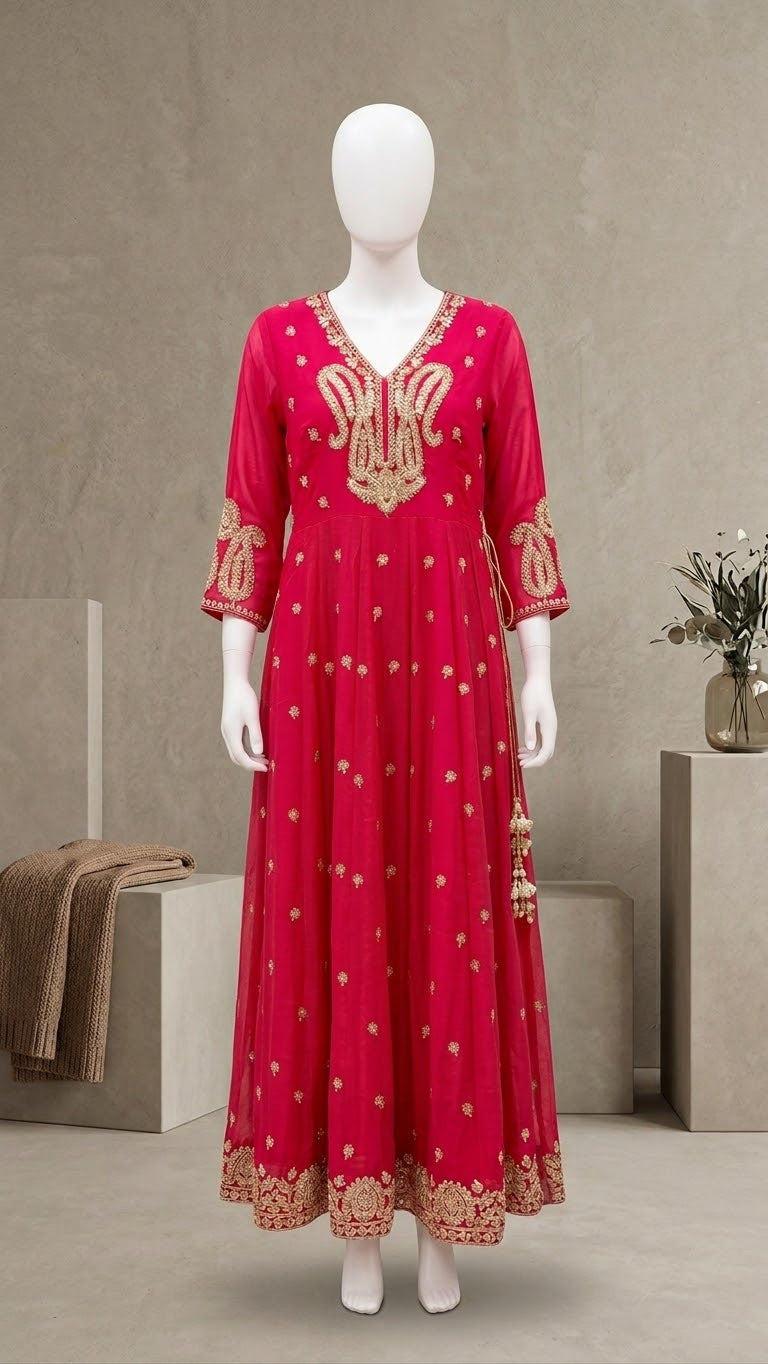 Radiant Red Embroidered Tiered Long Kurti / Dress