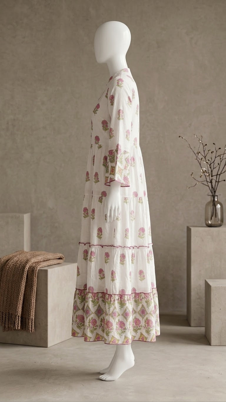 White & Pink Floral Printed Tiered Cotton Kurti / Long Top