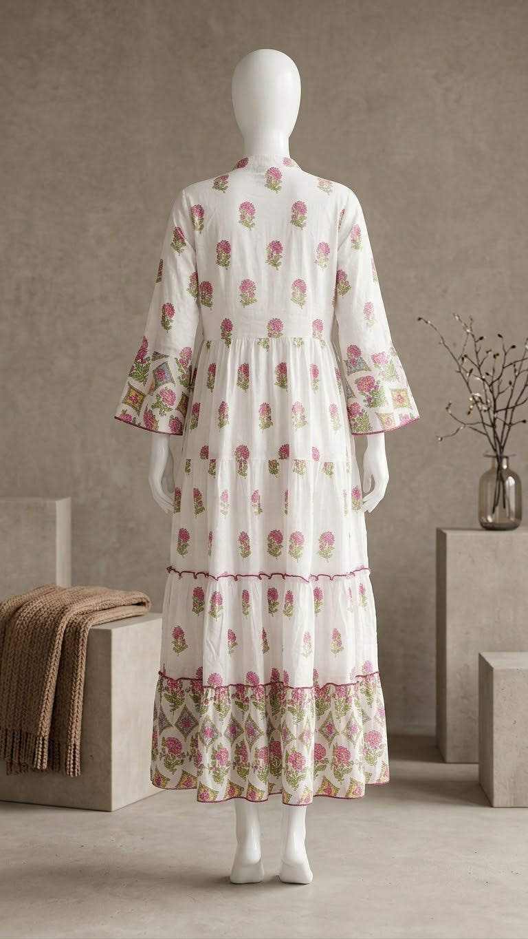 White & Pink Floral Printed Tiered Cotton Kurti / Long Top