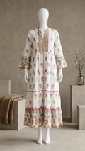 White & Pink Floral Printed Tiered Cotton Kurti / Long Top