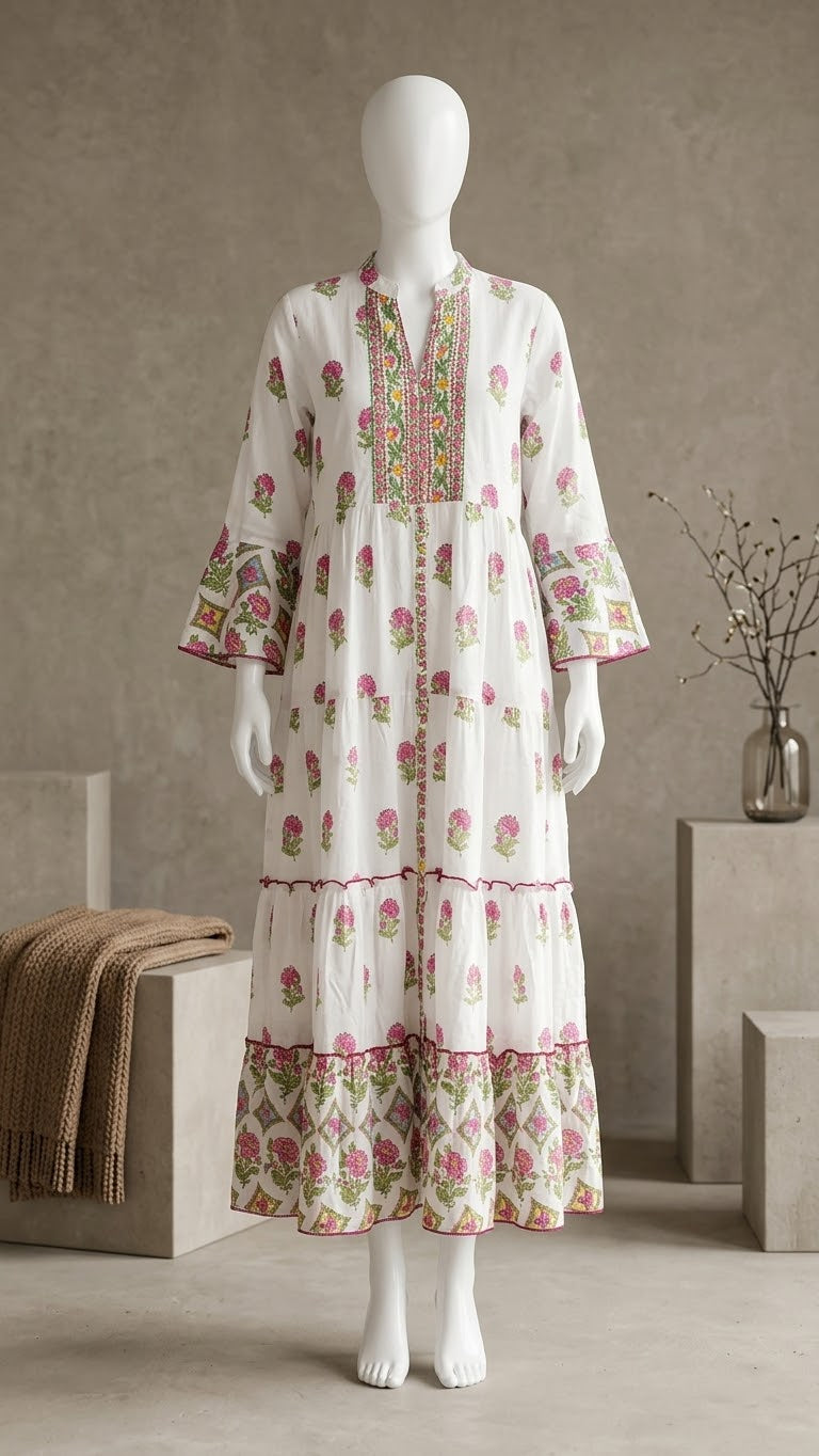 White & Pink Floral Printed Tiered Cotton Kurti / Long Top