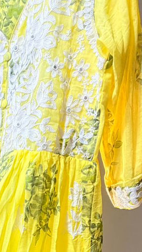Bright Yellow & White Floral Embroidered Long Kurti / Dress