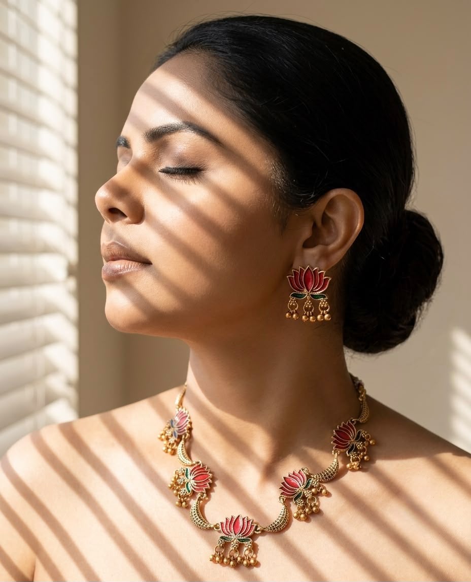 Traditional Lotus Design Temple Necklace Set with Earrings