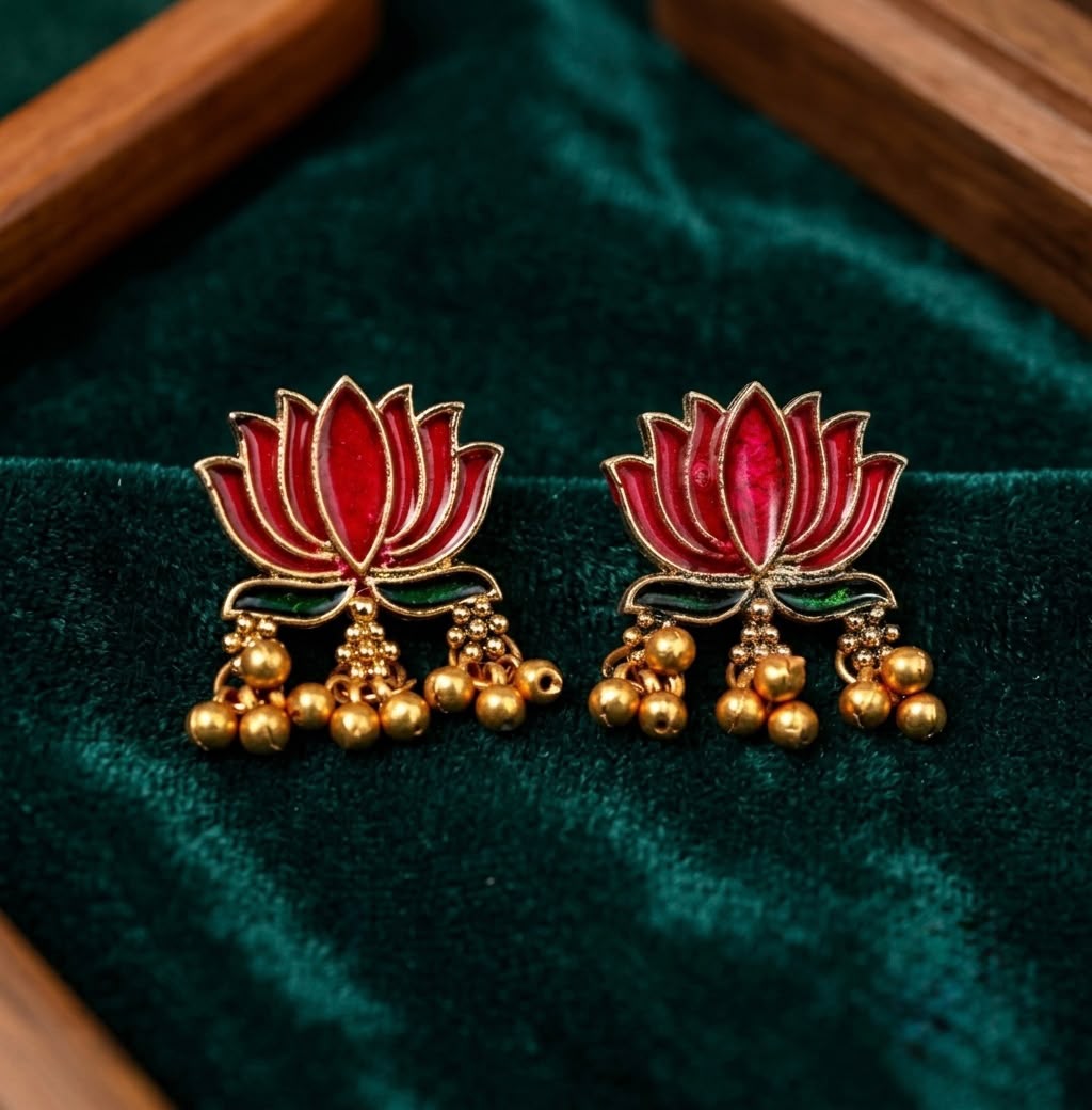 Traditional Lotus Design Temple Necklace Set with Earrings