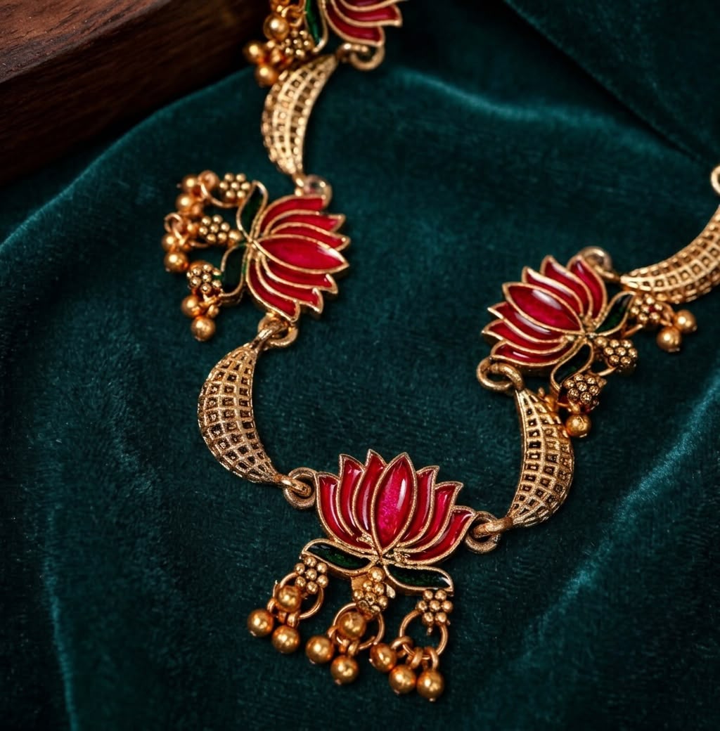 Traditional Lotus Design Temple Necklace Set with Earrings