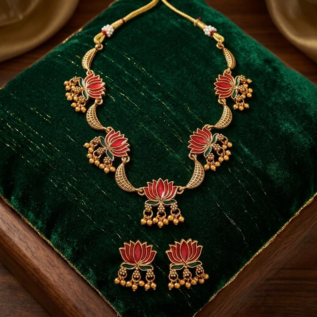 Traditional Lotus Design Temple Necklace Set with Earrings