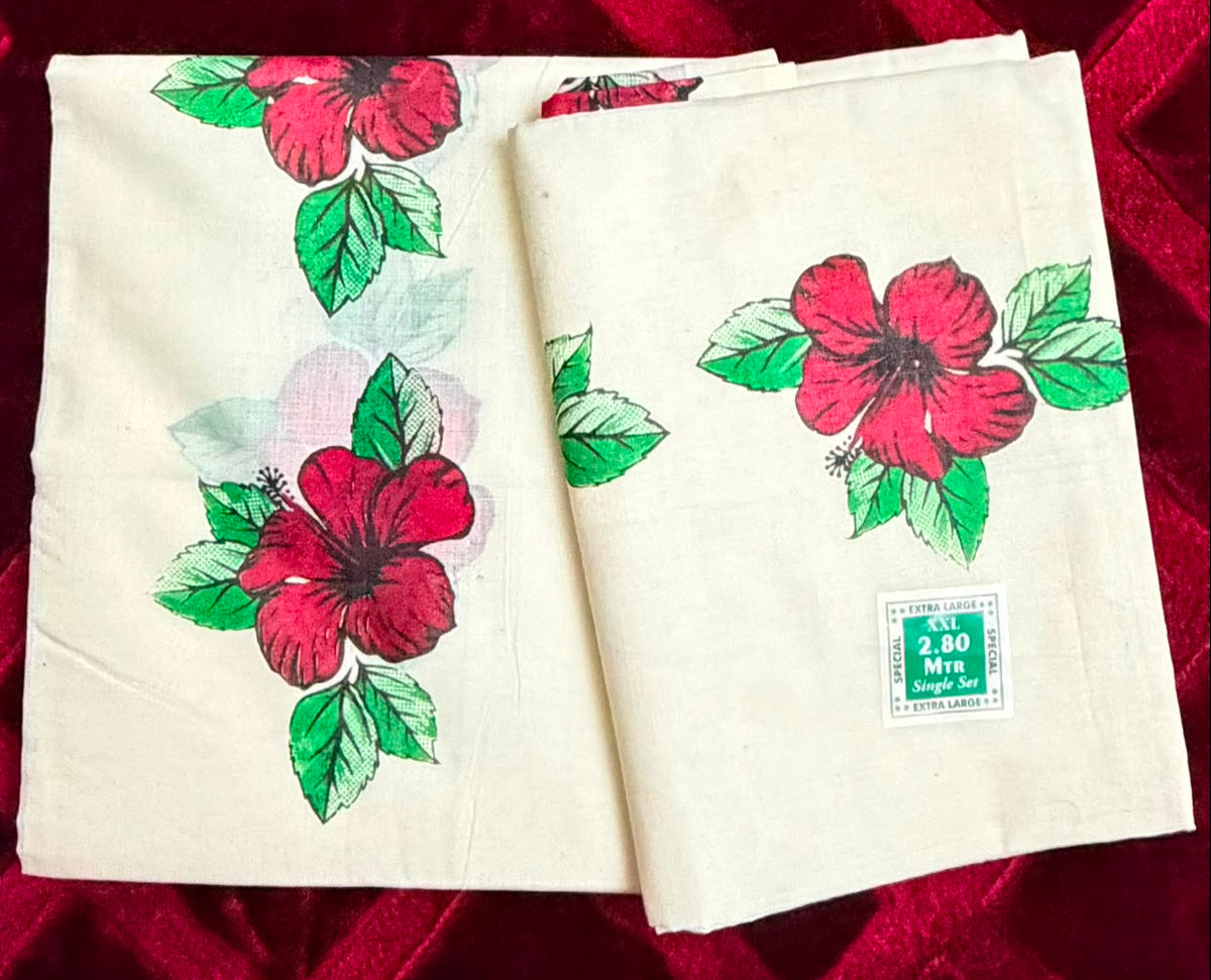 Kerala Set Mundu – Traditional Kasavu 2 Piece Set with Sacred Hibiscus